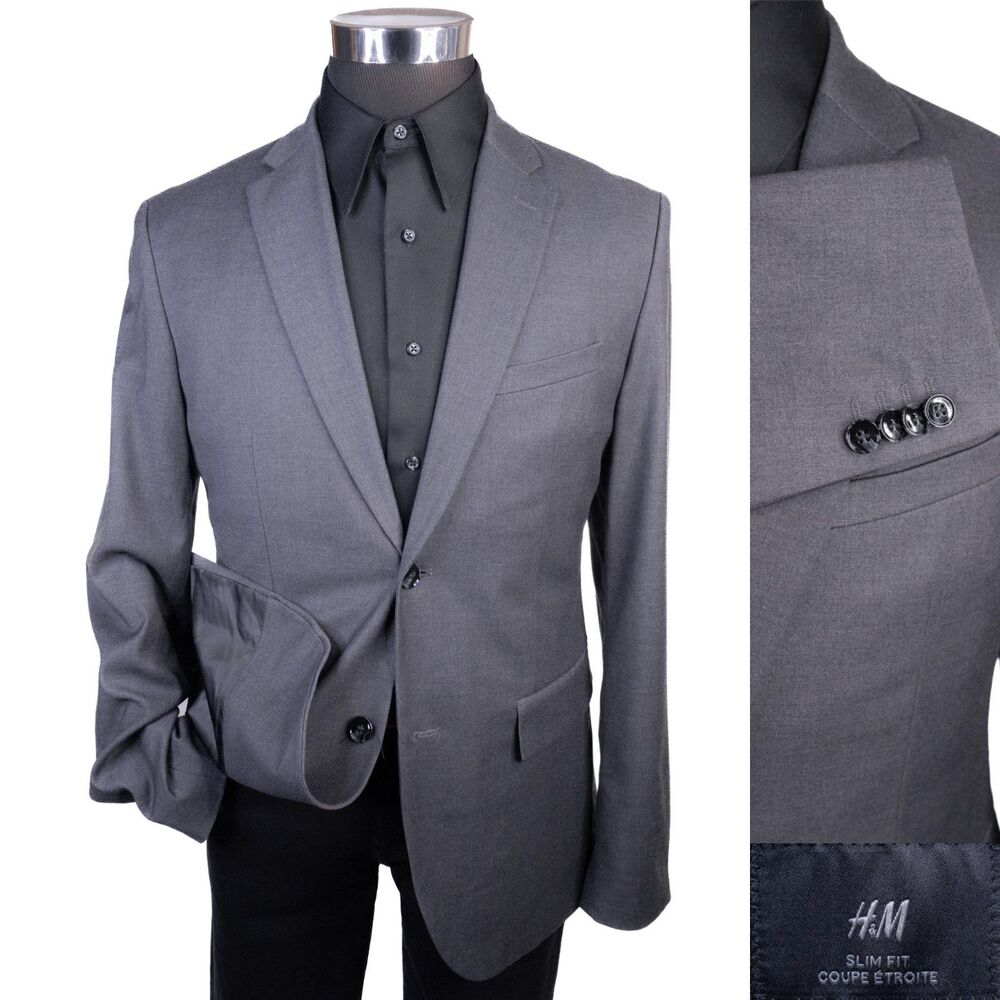 H&M Blazer Jacket Size 40R Slim Fit Gray Stretch Sport Coat Two Button Poly